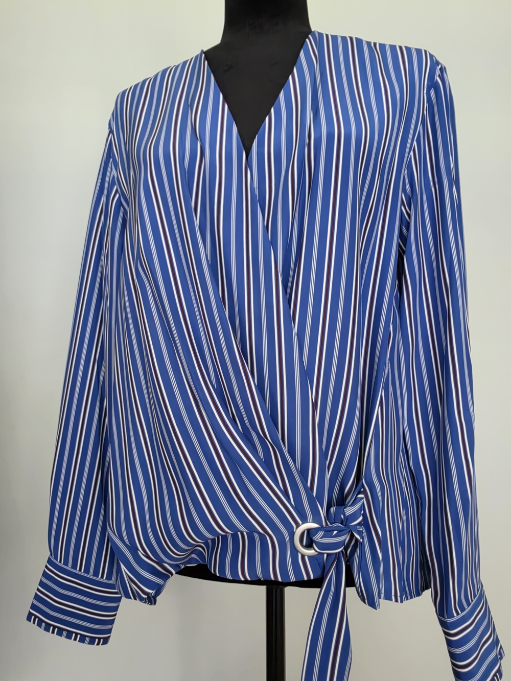 rag & bone Blue and White Striped Wrap Blouse with Tie Ring